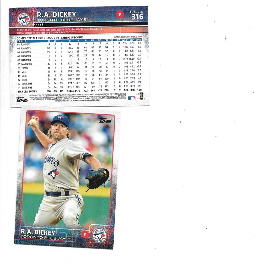 R.A. Dickey 2015 Topps Baseball Card #316 BOGO FREE Toronto Blue Jays - Image 1 of 1