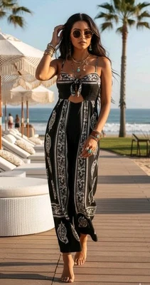 NWT Free People Feel The Sun Linen Black Paisley Jumpsuit  0 Cutout Beachy Boho - Image 1 of 4