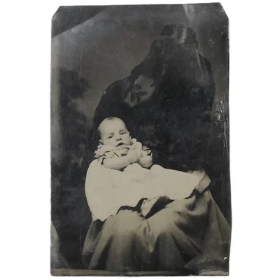 Tintype Antique Photo Full Hidden Mother With Infant Baby Tinted 2.25" x 3.5" - Image 1 of 4