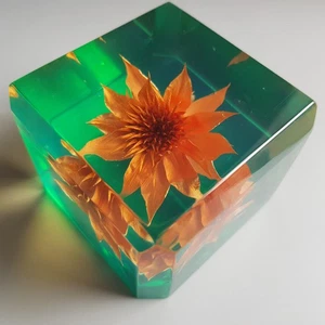 Lucite Paperweight straw dried flower MCM resin green vintage 1960s cube British - Picture 1 of 16