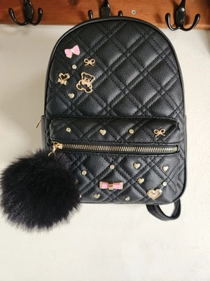 Underonesky Black Quilted Imitation Leather Charm Backpack Purse Back Strap Bag - Image 1 of 4