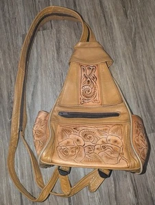Genuine Leather Handmade Sling Backpack Embossed Roses Purse Made In Mexico - Picture 1 of 22