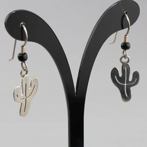 Vintage Little Cactus Southwest Sterling Silver Dangle Earrings with Onyx Bead - Picture 1 of 5