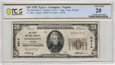 1929 Lexington Virginia $20 National Banknote Charter 4314 PCGS Very Fine 20 - Image 1 of 2