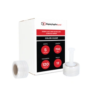 Cast Hand Stretch Wrap 12 Rolls 5" x 700' 120 Ga Clear Shrink Film [Made in USA] - Picture 1 of 7