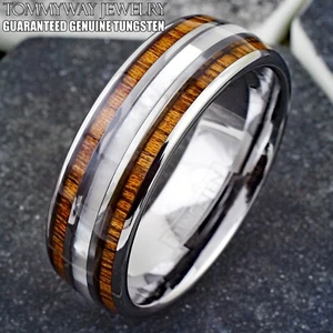 8mm Men's Tungsten Carbide Mother of Pearl & Koa Wood Stripe Wedding Band Ring - Picture 1 of 12