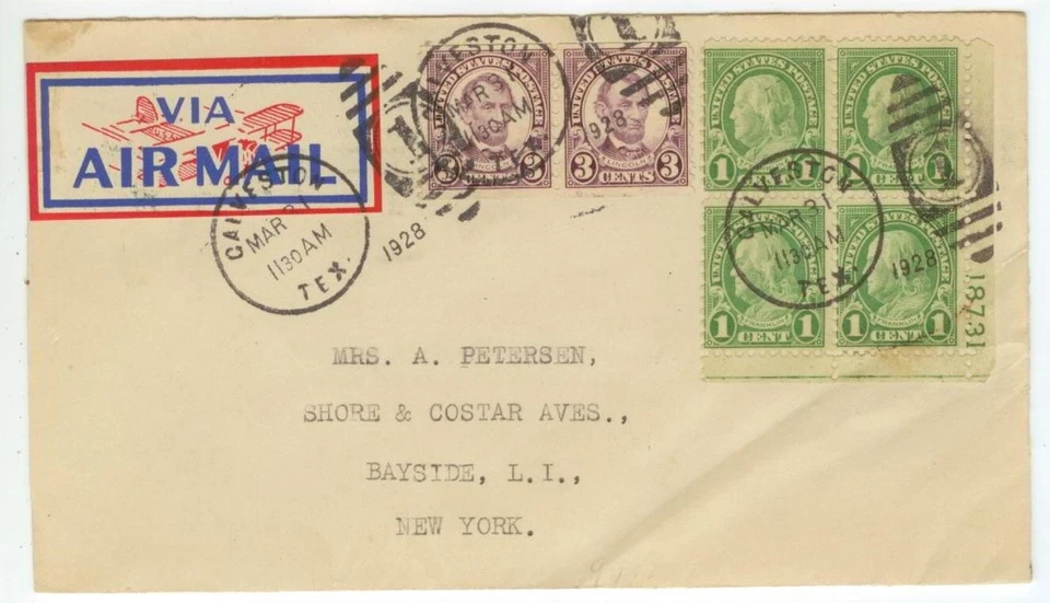 1928 Galveston Texas air mail - 1ct Sc 632 plate block and 3ct Lincoln coil pr - Image 1 of 1
