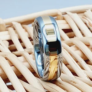 Yellow Gold Center Tungsten Ring Shiny Silver Tungsten Ring Wedding Band for Her - Picture 1 of 7