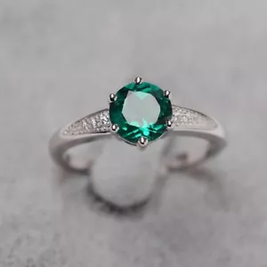 2Ct Round Cut Lab Created Emerald Women's Engagement Ring 14K White Gold Plated - Picture 1 of 4