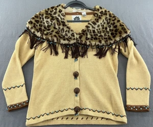 VTG Storybook Knits Sweater Womens Medium Brown Cheetah Button Up Turqoise - Picture 1 of 14