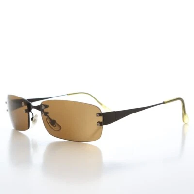 90s Rimless Black Metal Rectangular Sunglasses with Brown Lens - Corby - Image 1 of 3