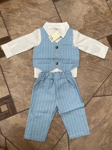 Next Baby Boy White Blue Formal Waistcoat Trousers Shirt Bow Tie Outfit Set 6-9M - Picture 1 of 5