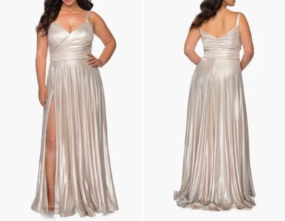 LA FEMME Silver Champagne Metallic Pleated Ruched Jersey Stretch Gown 20W 2X 20 - Image 1 of 3