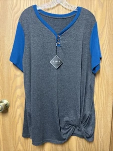 NWT Womens Zaful Gray & Blue V-Neck Short Sleeve T-Shirt Front Tie PLUS SIZE 3X - Picture 1 of 10