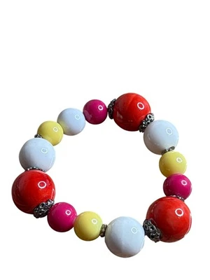 Pulsera elástica con cuentas de cerámica roja blanca amarilla tono plateado 6,25 pulgadas Foto 1 de 3