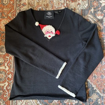 Suéter negro vintage Michael Simon Navidad cuello en V para mujer pequeño Santa Foto 1 de 4