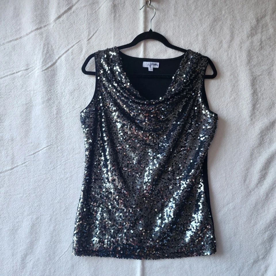 Camiseta sin mangas Calvin Klein negra lentejuelas talla PEQUEÑA cóctel fiesta Foto 1 de 4
