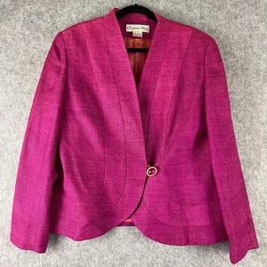Vintage Christian Dior Silk Tweed Blazer Jacket Womens 14 Pink Gold Rhinestone - Picture 1 of 15