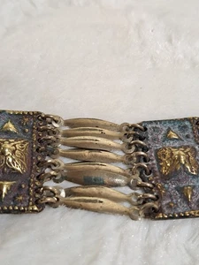 Vintage Mexican Alpaca Bracelet Panel Link Gold Tone Floral Patina Hecho Mexico - Picture 1 of 13