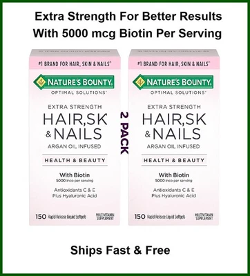 Nature’s Bounty Hair Skin & Nails 5000mcg biotina força extra 150 cápsulas gelatinosas 2 peças - Imagem 1 de 4