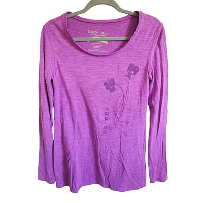 Top de yoga Earth Yoga M sostenible de algodón orgánico púrpura floral manga larga NUEVO Foto 1 de 4