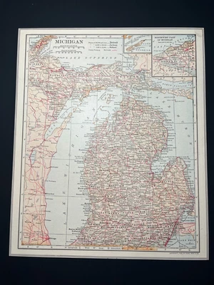1906 MICHIGAN Map by L.L. Poates Mounted on Acid-Free Card Stock SEE DESCRIP - Image 1 of 4