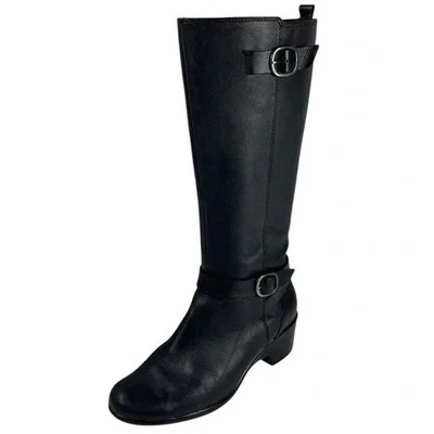 Clarks Malia Poplar Black Leather Knee-High Boots Womens 9M Extended Calf Buckle - Image 1 of 4