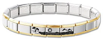 Italian Charm Bracelet Stainless Steel Gold Dolphins Hawaii Modular 3 Free Links - Image 1 of 2