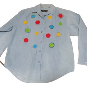 Women's Chaus Sport Denim Long Sleeve Blouse w/Colored Knitted Circles, Size S - Picture 1 of 5