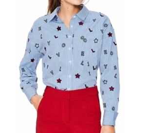 Boden Maria Lovely Embroidered Blue Striped Collared Long Sleeve Blouse S/M - Picture 1 of 11