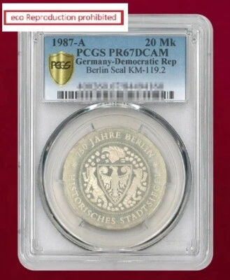 East German 20 Mark Silver Coin Berlin Seal 1987A  PCGS PR67DCAM - Image 1 of 2