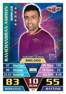 2016 2017 RISING PUNE SUPERGIANT IPL Cricket Card RAVI ASHWIN Topps Attax - Bild 1 von 2