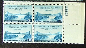 US 3¢ stamp SC #961, Century of Friendship, US and Canada MNH 1948 plate block - Picture 1 of 1