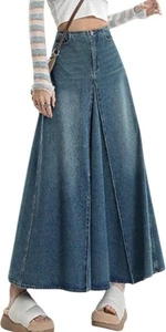 Women Vintage High Waist Denim Maxi Skirt Distressed Long Jean Skirt Y2k Flare - Picture 1 of 40