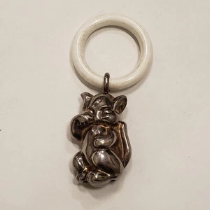 Vintage Silver Plate Cat Kitten NOKALON Baby Rattle Teether - Picture 1 of 8