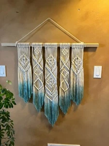 Large Boho Macrame Wall Hanging Tapestry Boho Chic With Dip Dyed on Bottom Teal - Picture 1 of 1