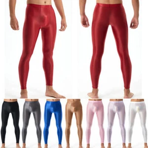 Men's Smooth Shiny Glossy Leggings U Pouch Underpants Long Pants Sports Trousers - Picture 1 of 32