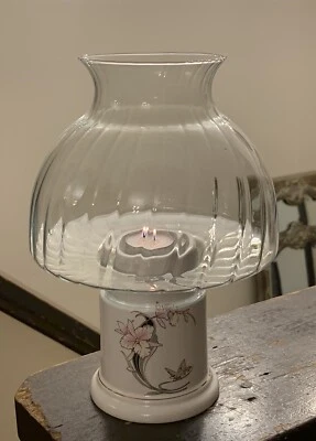 Clear Glass Swirl Dome Globe Fine China Ceramic Hurricane Oil Lamp Candle Holder - Image 1 of 4