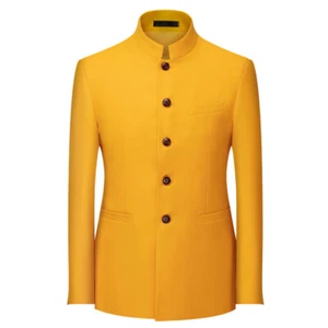 Men Business Stand Collar Suit Slim Fit Blazer Retro Jacket Chinese Tunic Suit - Picture 1 of 30