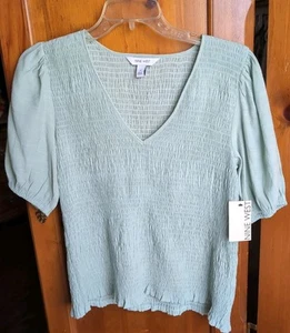 Nine West, Summer, Mint G Elbow Puff Sleeve smocked jewel Blouse Top NWT  Med. - Picture 1 of 7