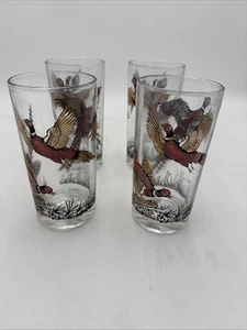 Vintage MCM Geese Glasses Set 4 Tumblers 5.5" Pheasant Bird Hunting - Picture 1 of 9