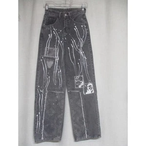 GRAPHIC Gray Wide Leg japanese Y2k Paint Splatter Patches jeans Pants sz S - Photo 1 sur 7