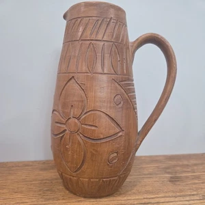 Handmade Italian Pottery Pitcher Dark Tan Flowers Yellow Inside - Picture 1 of 10
