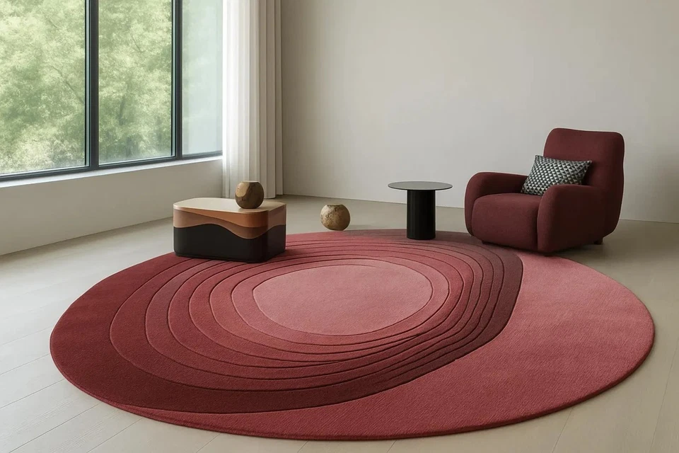 Round Wool Rug Handmade 8x8 Modern Layered Pattern Carpet Living Room Bedroom - Image 1 of 4