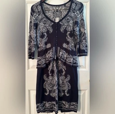 ANTHROPOLOGIE Knitted & Knotted MED Blue White Jacquard Cotton Paisley Peplum - Image 1 of 4