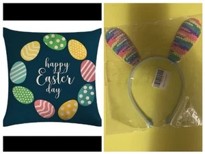 Happy Easter Day Eggs Hunt Black Throw Pillow Covers 18x18 & Adult Bunny Ears - Picture 1 of 8