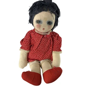 Vintage 80er Jahre Tuch französische Puppe signiert 24"" handgefertigt handgenäht Spitze rot Kleid - Bild 1 von 12