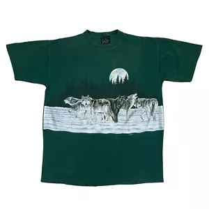 VTG 1991 Habitat Green Wolf Pack Moon T Shirt Nature Single Stitch USA Size L - Picture 1 of 18