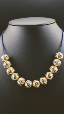 COLLIER ARGENT 925% PLAQUÉ OR FIL EN SOIE CHARMS BOULES, EMAIL BLEU FILIGRANE - Photo 1/4