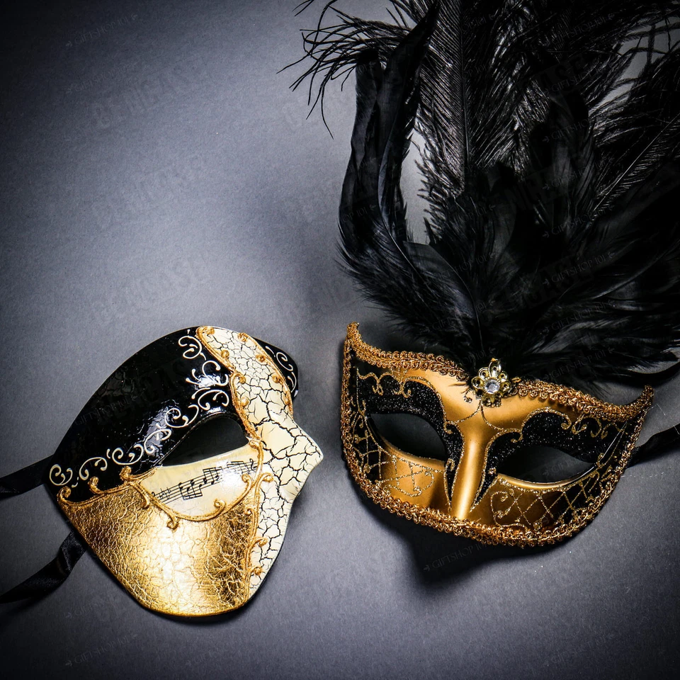Phantom Musical Gold & Venetian Gold MardiGras Black Tall Feather Couple Masks - Image 1 of 1